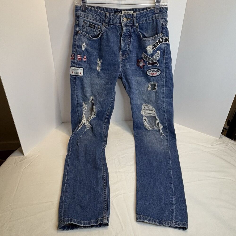 Superdry Women’s Harper Boyfriend Button Fly Distressed Jeans Patches 24x29 Y2K
